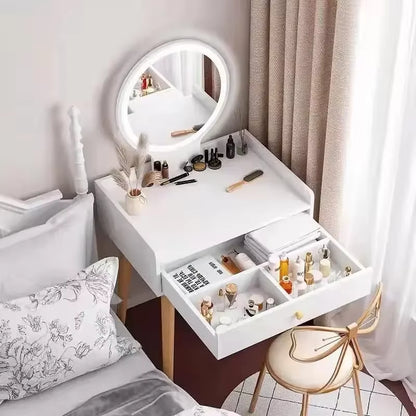50/60/70Cm Vanity Desk with Touch Screen Lighted Mirror with Drawer Makeup Vanity Table Set Bedroom Dressing Table Storage Shelf