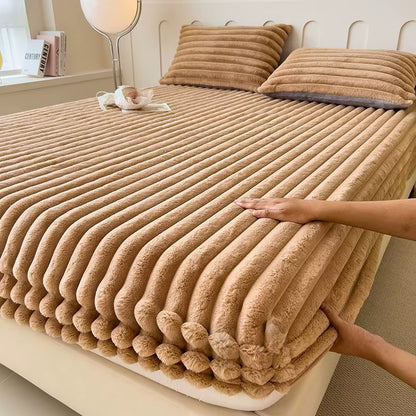 Fluffy Rabbit Plush Elastic Fitted Sheet Mattress Protector Cover Warm Winter Coral Fleece Luxury Double Bed Bedsheet 150