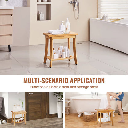 Bamboo Shower Bench 19.1X11.3X18.3 in Waterproof Shower Stool Chair with Storage Shelf 330Lbs Load Capacity Spa Seat