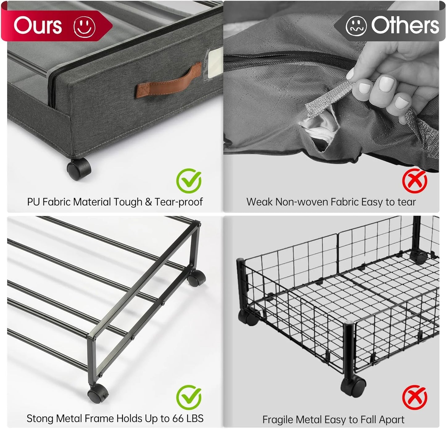 2 Pack under Bed Storage Containers with Wheels, Gray