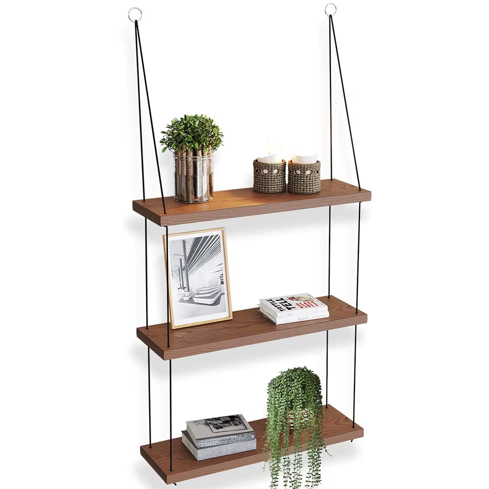 Hanging Shelves - 3 Tier Wall Shelf - Cute Boho Room Decor for Bedroom, Bathroom, Living Room - Floating Wood Small Bookshelves