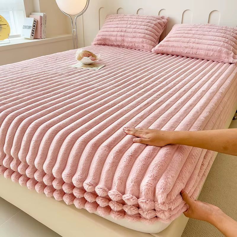 Fluffy Rabbit Plush Elastic Fitted Sheet Mattress Protector Cover Warm Winter Coral Fleece Luxury Double Bed Bedsheet 150