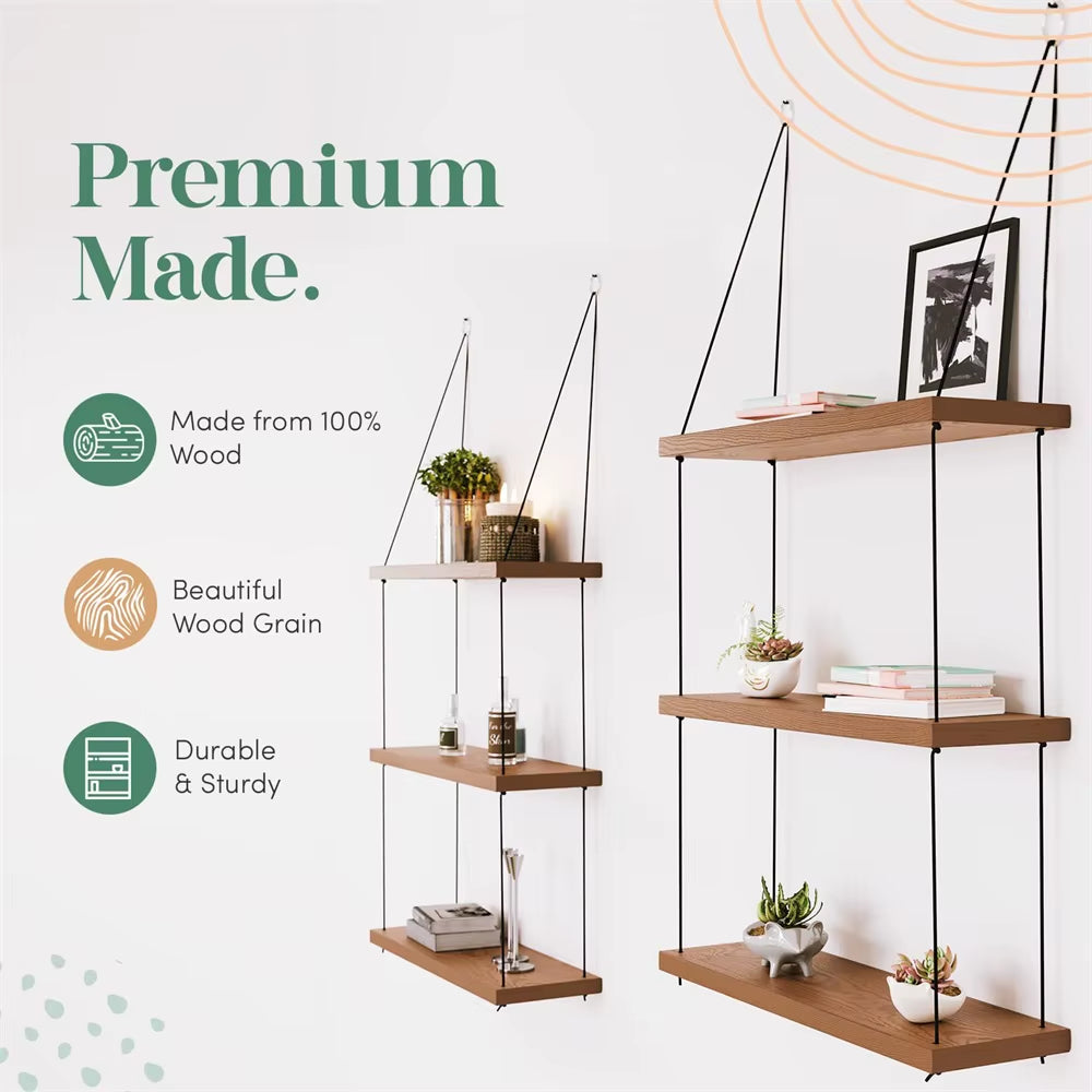 Hanging Shelves - 3 Tier Wall Shelf - Cute Boho Room Decor for Bedroom, Bathroom, Living Room - Floating Wood Small Bookshelves