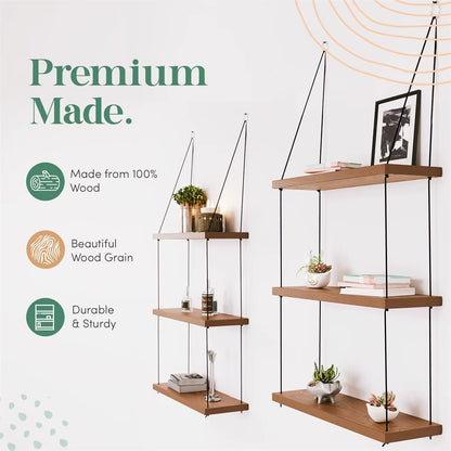 Hanging Shelves - 3 Tier Wall Shelf - Cute Boho Room Decor for Bedroom, Bathroom, Living Room - Floating Wood Small Bookshelves