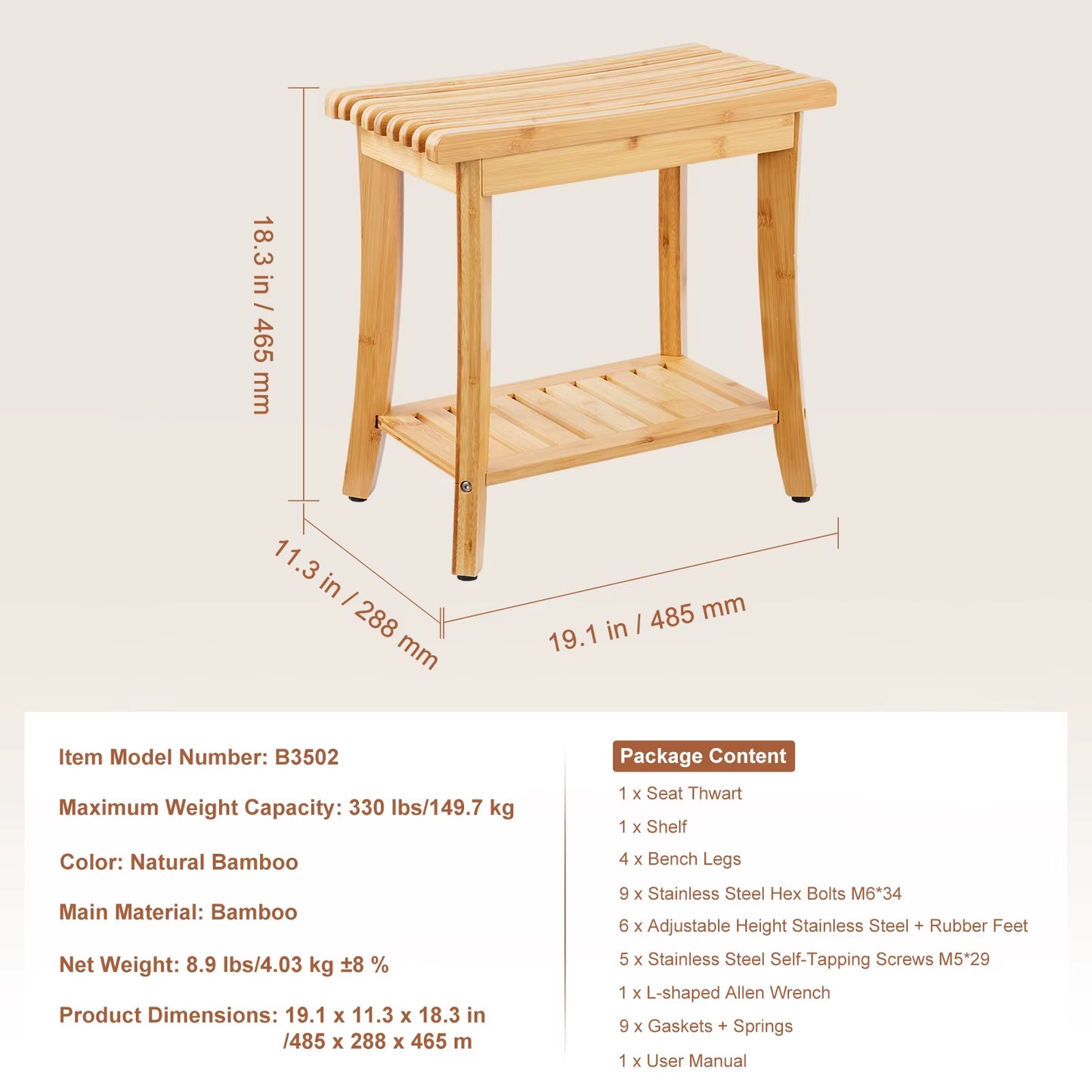 Bamboo Shower Bench 19.1X11.3X18.3 in Waterproof Shower Stool Chair with Storage Shelf 330Lbs Load Capacity Spa Seat