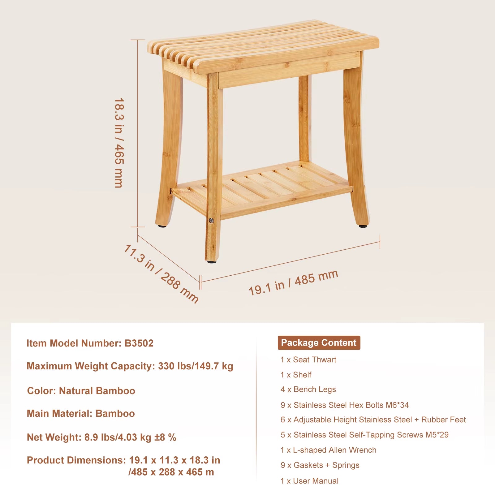 Bamboo Shower Bench 19.1X11.3X18.3 in Waterproof Shower Stool Chair with Storage Shelf 330Lbs Load Capacity Spa Seat