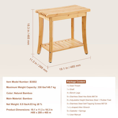 Bamboo Shower Bench 19.1X11.3X18.3 in Waterproof Shower Stool Chair with Storage Shelf 330Lbs Load Capacity Spa Seat