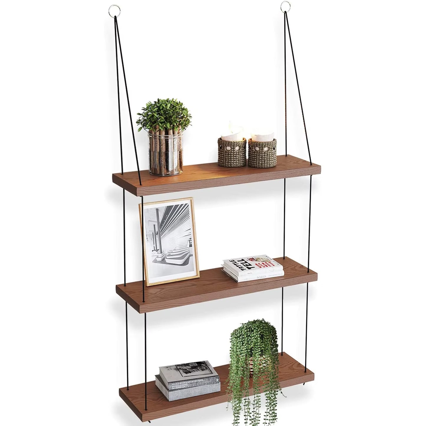 Hanging Shelves - 3 Tier Wall Shelf - Cute Boho Room Decor for Bedroom, Bathroom, Living Room - Floating Wood Small Bookshelves