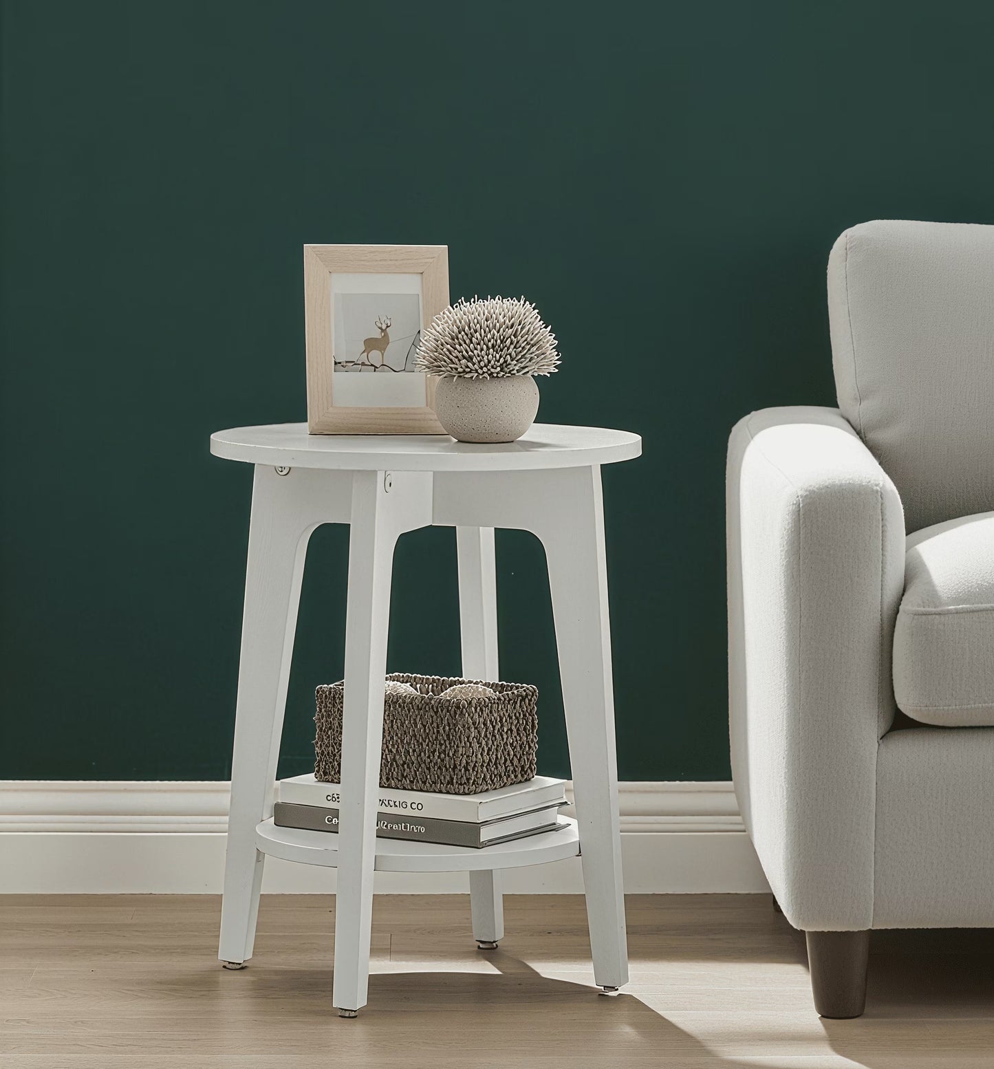 round Modern End Table, 2-Tier Side Table for Living Room, Bedroom, Nightstand, White