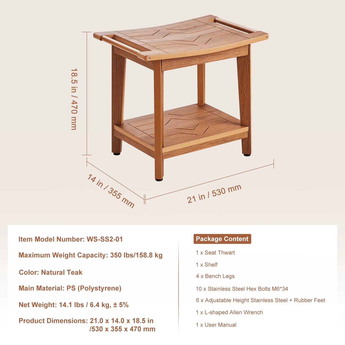 Bamboo Shower Bench 19.1X11.3X18.3 in Waterproof Shower Stool Chair with Storage Shelf 330Lbs Load Capacity Spa Seat