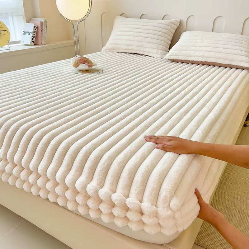 Fluffy Rabbit Plush Elastic Fitted Sheet Mattress Protector Cover Warm Winter Coral Fleece Luxury Double Bed Bedsheet 150