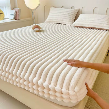 Fluffy Rabbit Plush Elastic Fitted Sheet Mattress Protector Cover Warm Winter Coral Fleece Luxury Double Bed Bedsheet 150