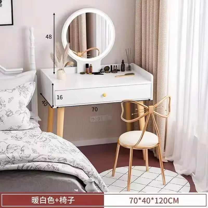 50/60/70Cm Vanity Desk with Touch Screen Lighted Mirror with Drawer Makeup Vanity Table Set Bedroom Dressing Table Storage Shelf