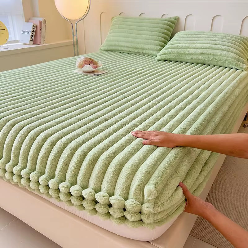 Fluffy Rabbit Plush Elastic Fitted Sheet Mattress Protector Cover Warm Winter Coral Fleece Luxury Double Bed Bedsheet 150