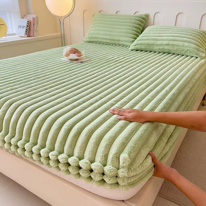 Fluffy Rabbit Plush Elastic Fitted Sheet Mattress Protector Cover Warm Winter Coral Fleece Luxury Double Bed Bedsheet 150