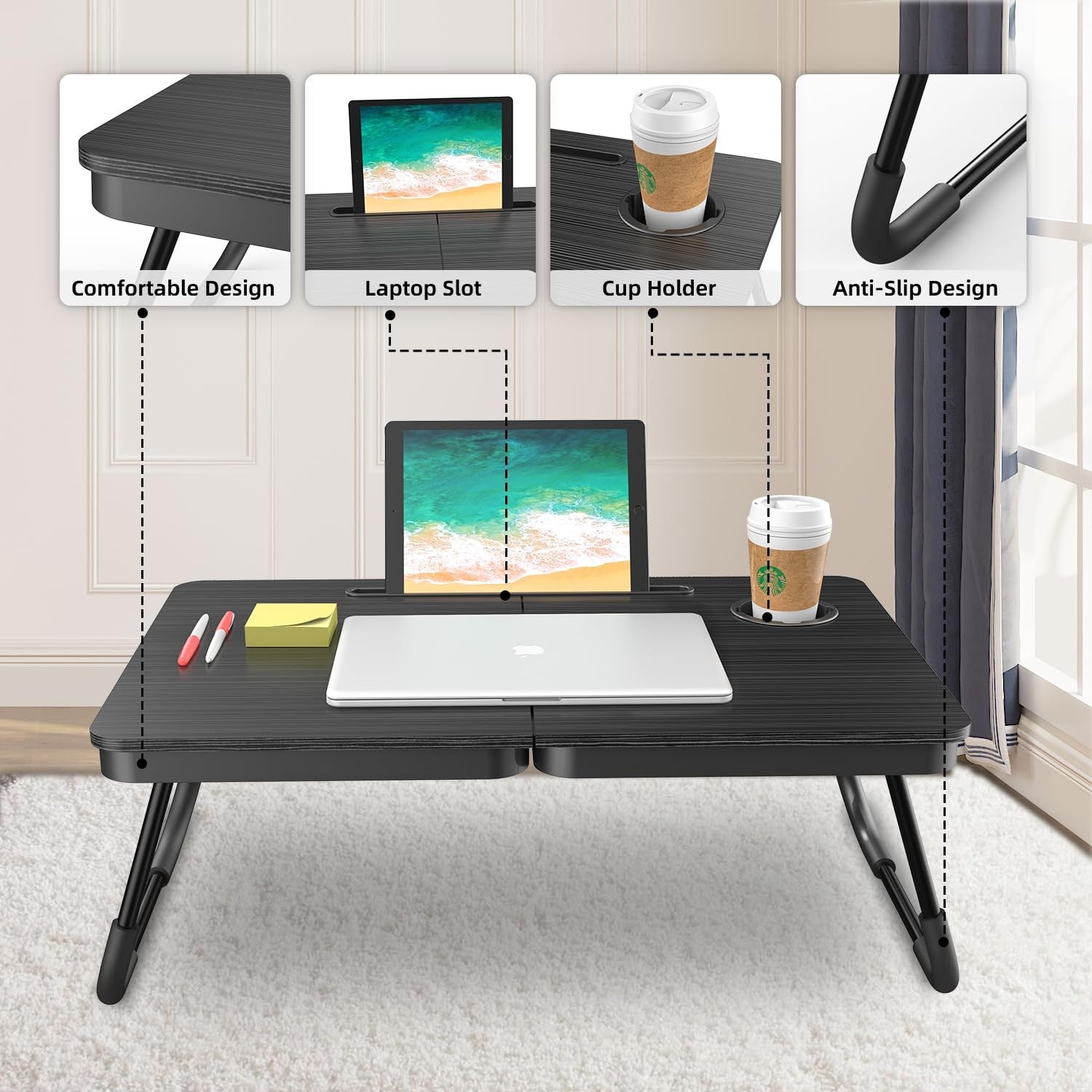 Portable Foldable Laptop Desk for Bed and Couch Adjustable with Cup Holder