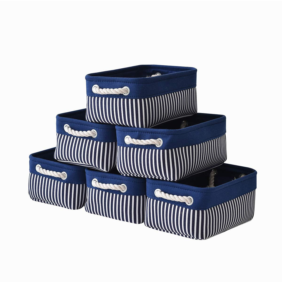 Canvas Storage Baskets [6-Pack] Small Fabric Storage Bins Toy Storage Baskets Empty Gift Baskets Shelf Baskets Decorative Basket with Rope Handles for Home Office(Navy Blue, 12 X 8 X 5 Inch)