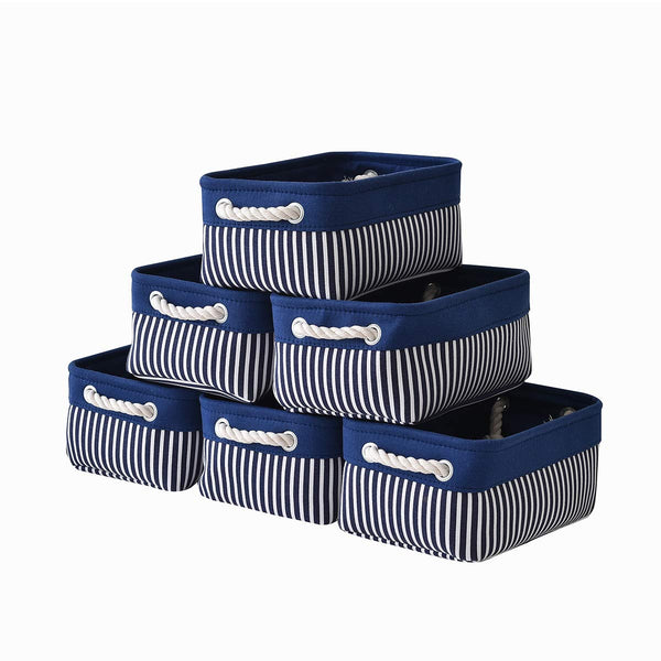 Canvas Storage Baskets [6-Pack] Small Fabric Storage Bins Toy Storage Baskets Empty Gift Baskets Shelf Baskets Decorative Basket with Rope Handles for Home Office(Navy Blue, 12 X 8 X 5 Inch)