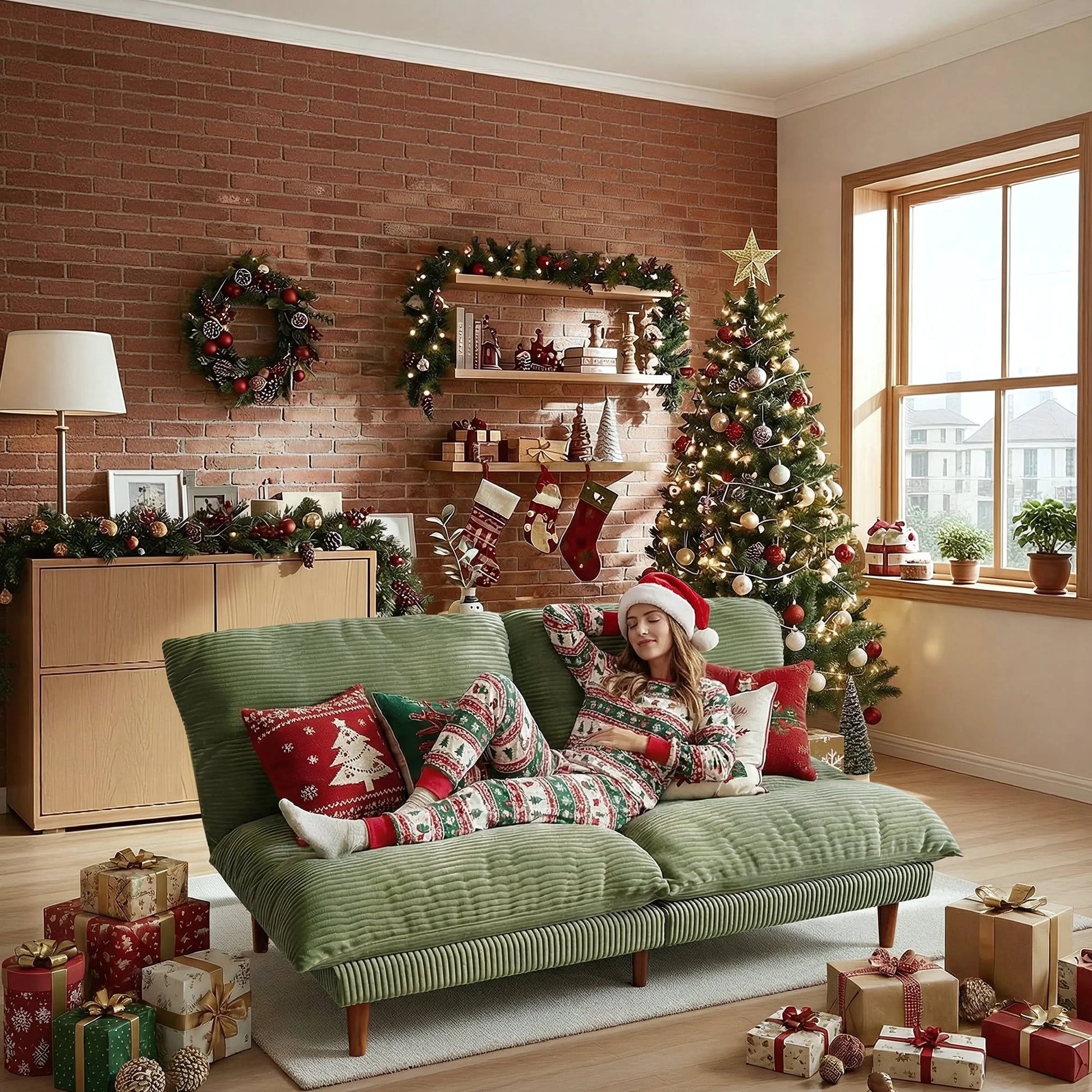 71" Corduroy Futon Convertible Sofa Bed, Loveseat Sleeper Sofa Couch for Living Room Apartment Green