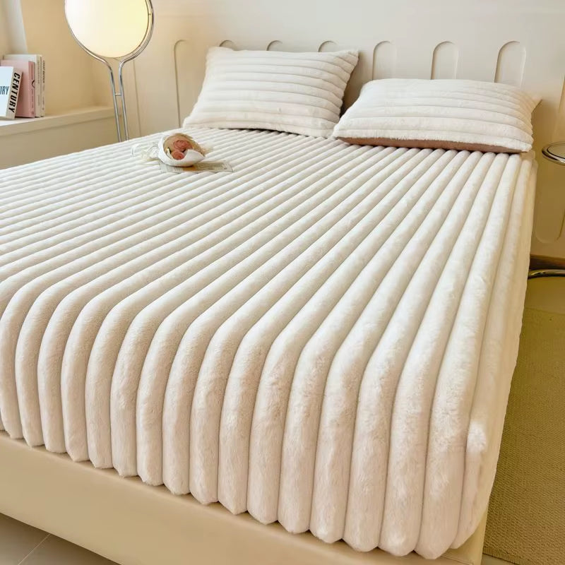 Fluffy Rabbit Plush Elastic Fitted Sheet Mattress Protector Cover Warm Winter Coral Fleece Luxury Double Bed Bedsheet 150