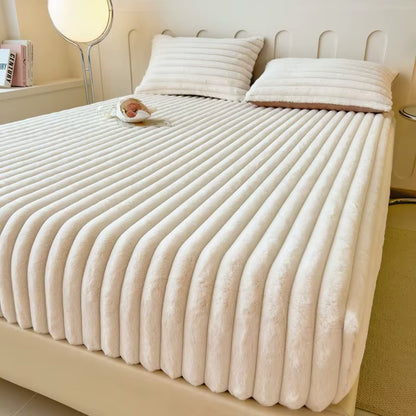 Fluffy Rabbit Plush Elastic Fitted Sheet Mattress Protector Cover Warm Winter Coral Fleece Luxury Double Bed Bedsheet 150