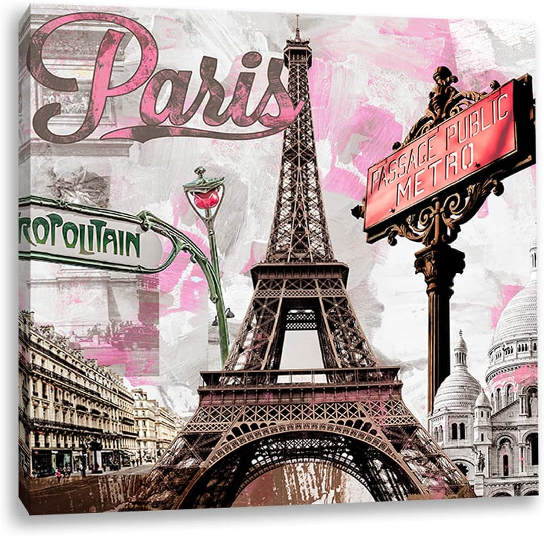 Canvas Wall Art Painting Romantic Pink Paris Eiffel Tower Square Wall Art 12X12 Inch Printed Canvas Wall Paris Theme Decors for Girls Bedroom Kids Living Room Bathroom Kitchen