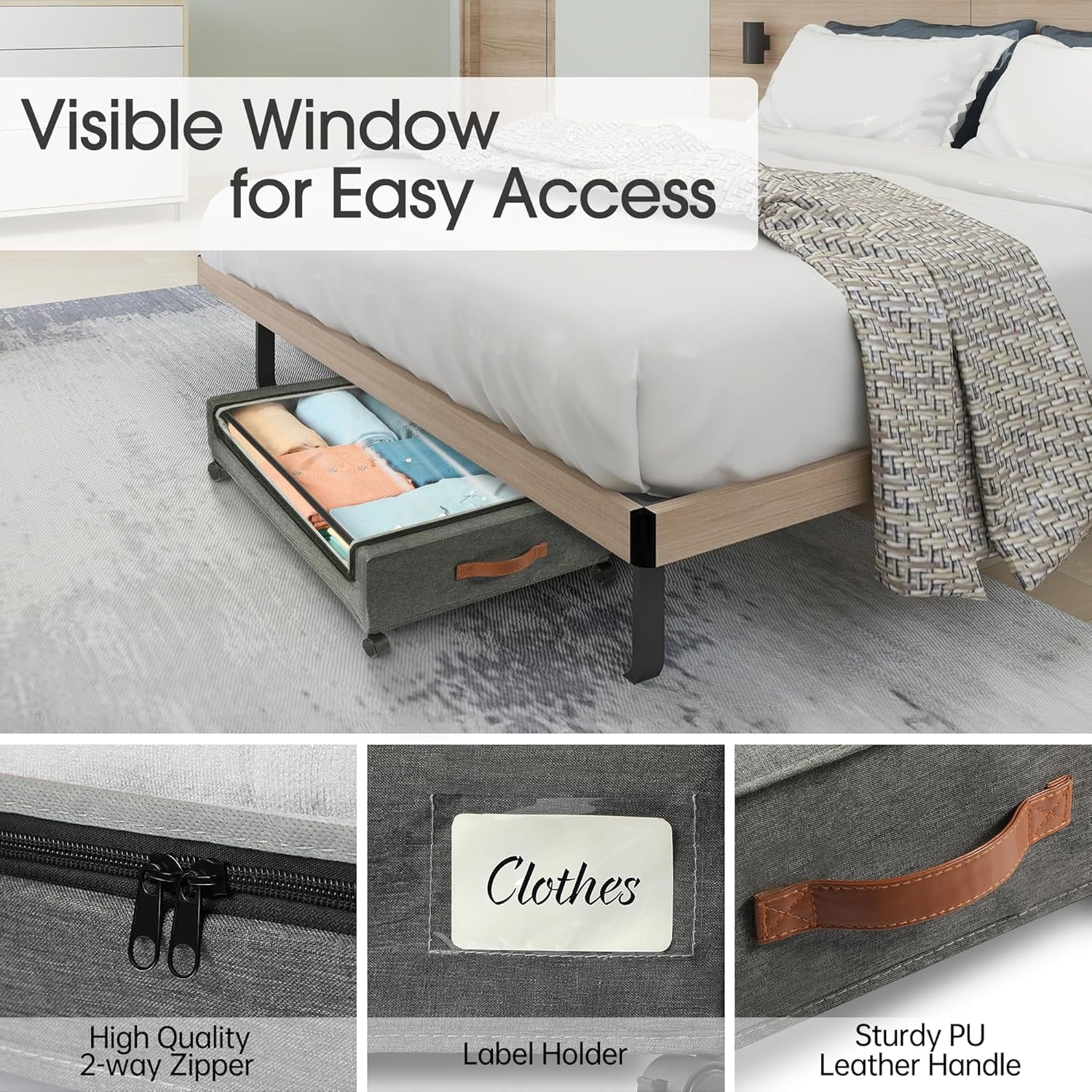 2 Pack under Bed Storage Containers with Wheels, Gray