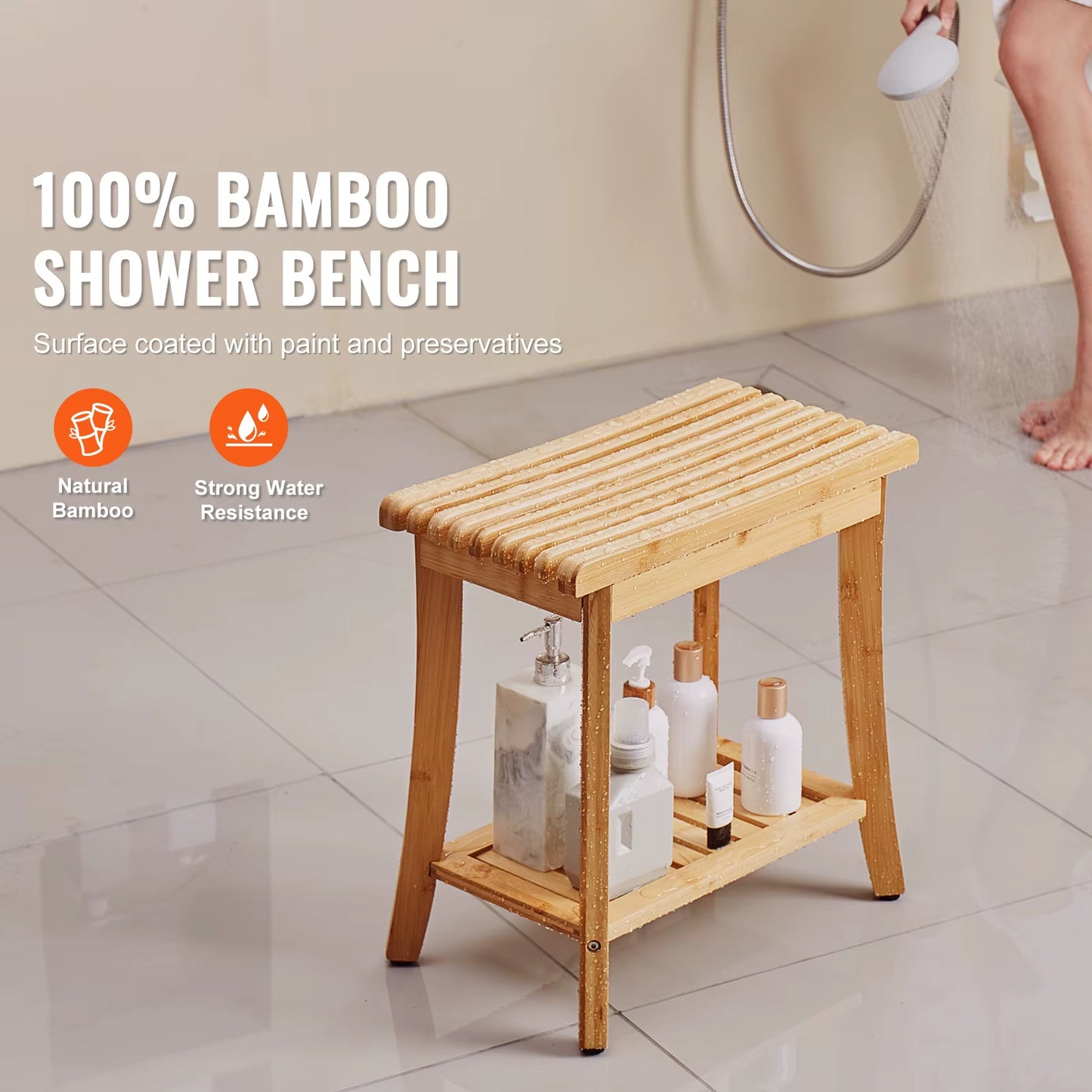 Bamboo Shower Bench 19.1X11.3X18.3 in Waterproof Shower Stool Chair with Storage Shelf 330Lbs Load Capacity Spa Seat