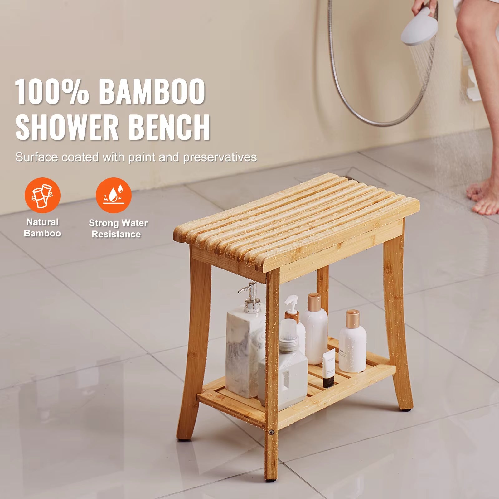 Bamboo Shower Bench 19.1X11.3X18.3 in Waterproof Shower Stool Chair with Storage Shelf 330Lbs Load Capacity Spa Seat